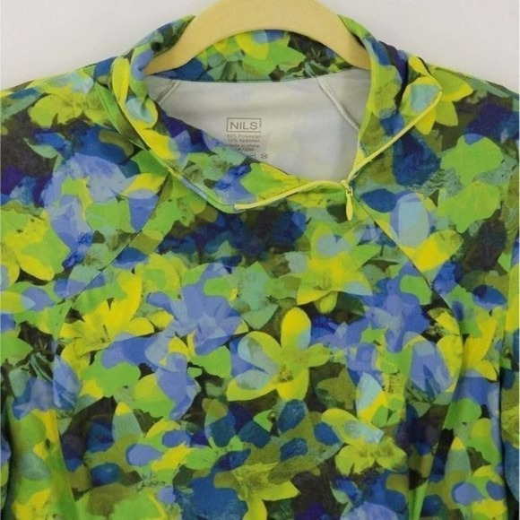 NILS Asymmetric Zip Neck Pullover Cinch Side Floral Workout Top Green Size Small - Picture 6 of 6